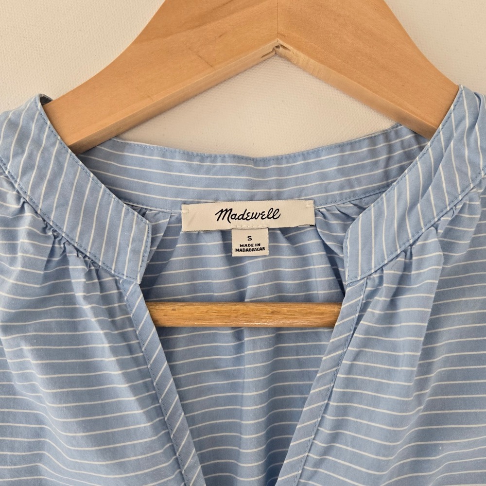 Madewell Striped Tie-Cuff Top Women S Blue White V-Neck Poplin Blouse - Picture 2 of 6